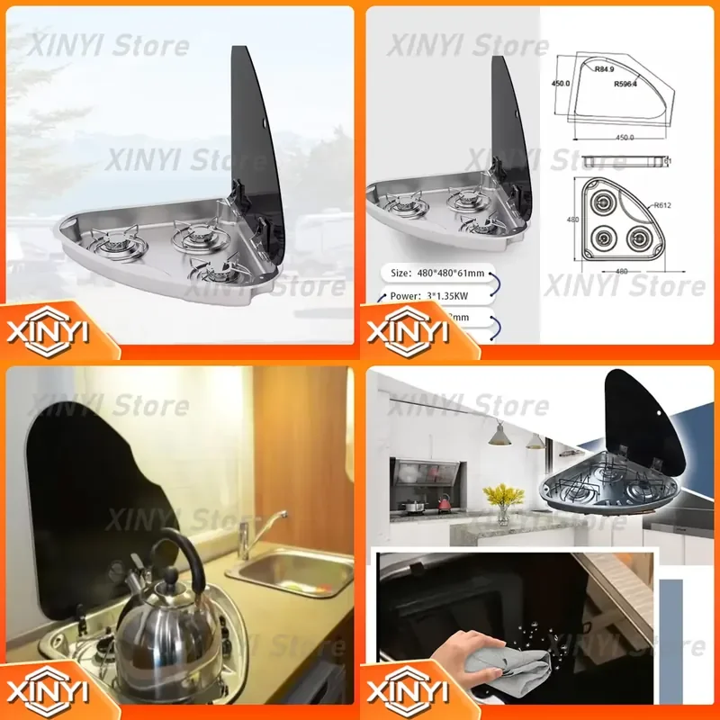 for RV Three Heads Gas Stove 304 Stainless Steel Triangle Kitchen Supplies Caravan Parts Durable Quality Good Price