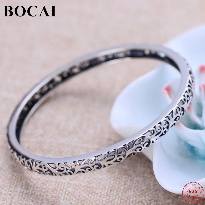 BOCAI Sterling Silver S925 Bracelets Charm Jewelry Exquisite Hollow Retro Rattan Pattern Pure Argentum Women's Bangles