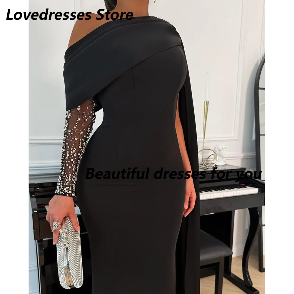 Black Evening Dresses for Women Off Shoulder Long Sleeves Mermaid Girl Prom Formal Wedding Guest Special Events Gala Customized image 3