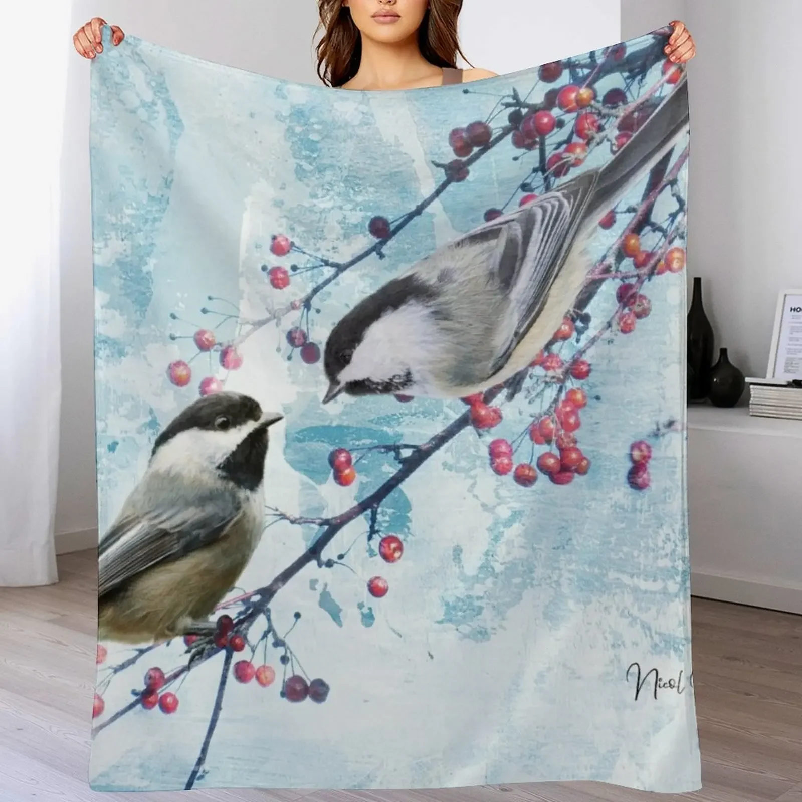 

Chickadee Red Berry Modern Country Farmhouse Art A630 Throw Blanket Cozy Home Blanket Gift for Christmas Holiday