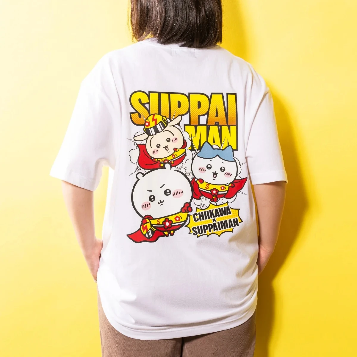 Kawaii Chiikawa Suppaiman Collab T‑shirt Back Large Hero Character Print Casual Loose Short Sleeve Unisex Summer Tee Tops