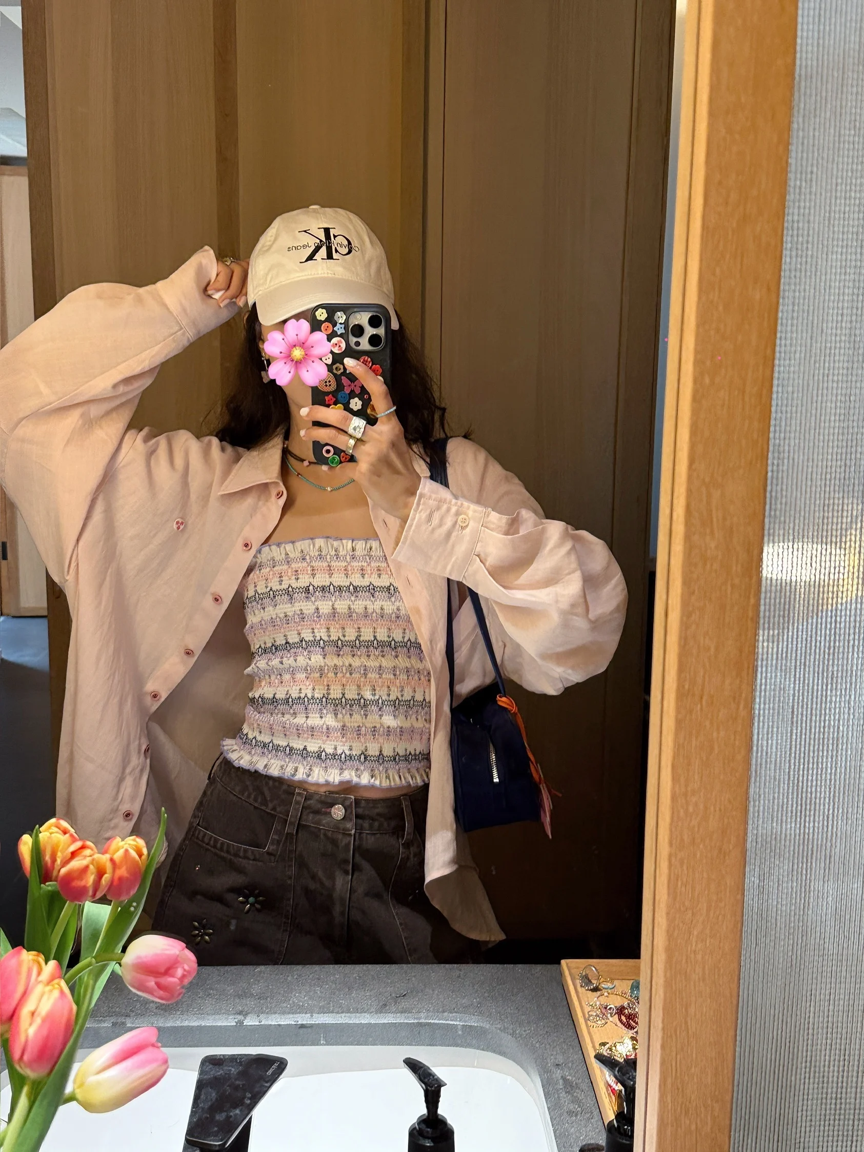 

Lacele Semi-sheer Loose Women's Shirt Button Sun Protection Long Sleeve Casual Style Fabric Draping Sakura Pink