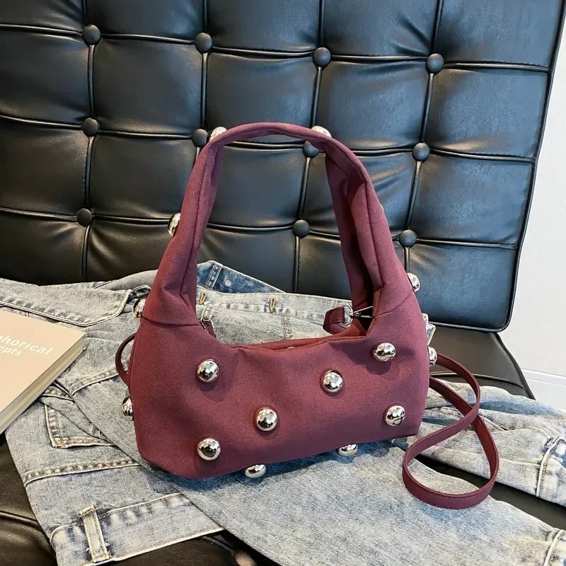 Faux Suede Half Moon Fashion Hot Trendy Shoulder and Crossbody Bags Solid Rivets Retro Super Cool Handbags for Women 2024 New