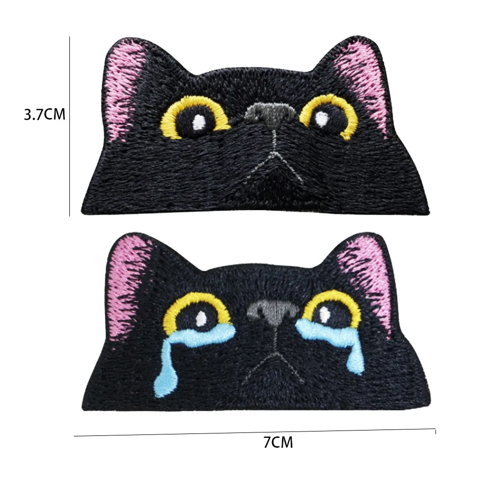 Black Cat Face Embroidered Fabric Patch Cute Funny Embroidery Crying Cat Applique Clothing Pocket Decoration Badge