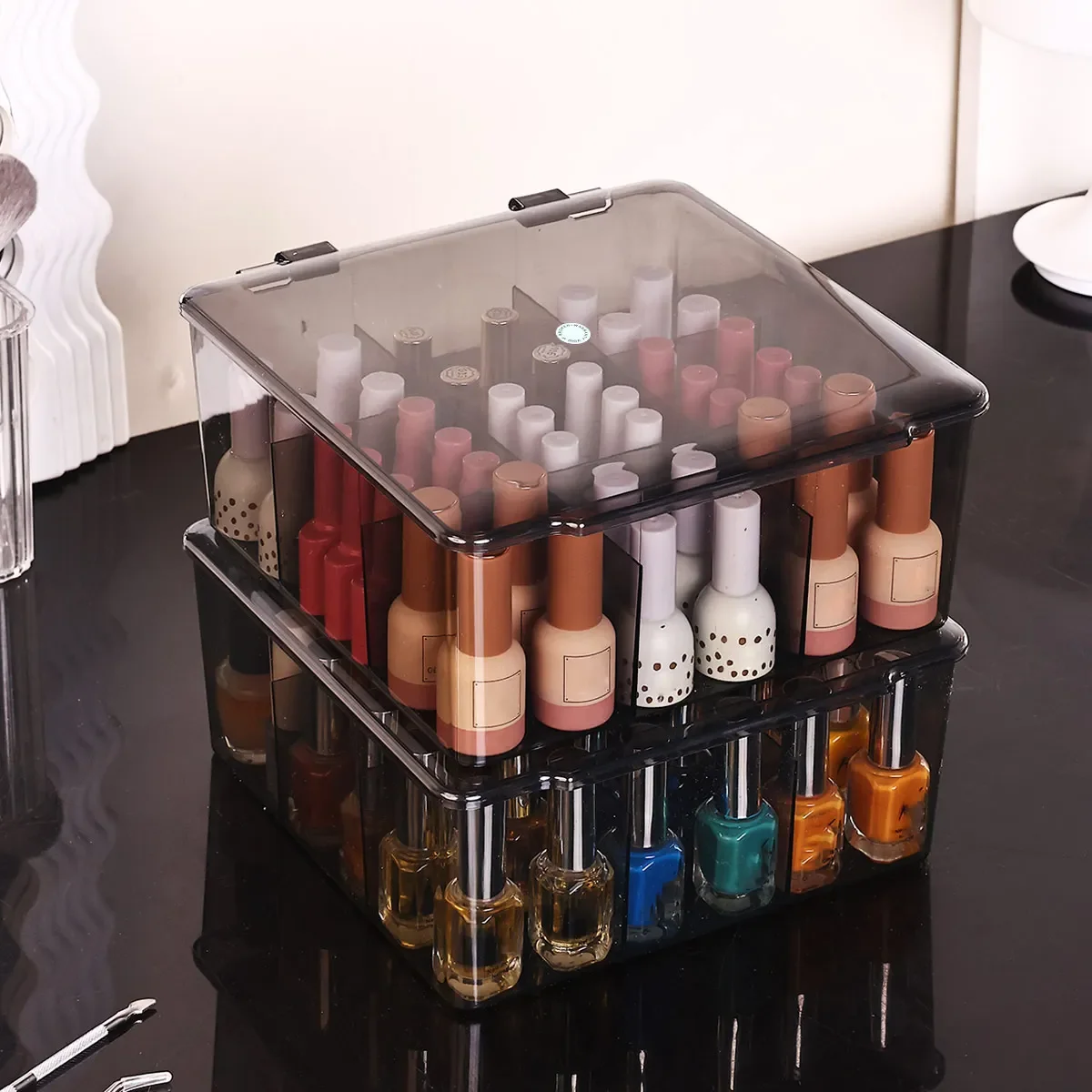 Transparente Nagellack-Aufbewahrungsbox - Klappdeckel-Typ, geeignet für Lippenstift, Parfüm, Essenz, 9-Fächer-Schmuckbox mit großer Kapazität – Detail 1