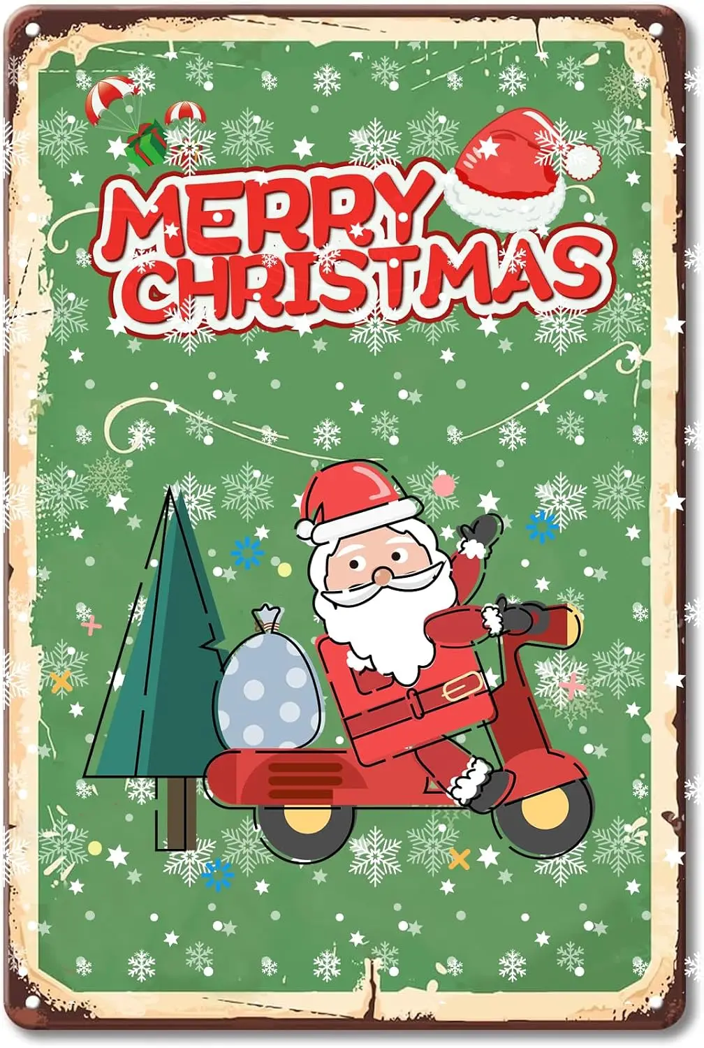TRENDSTHAN Christmas Sign Merry Christmas Decorations Eve Santa Claus on a motorcycle delivering gifts Vintage Metal Tin Sign Re