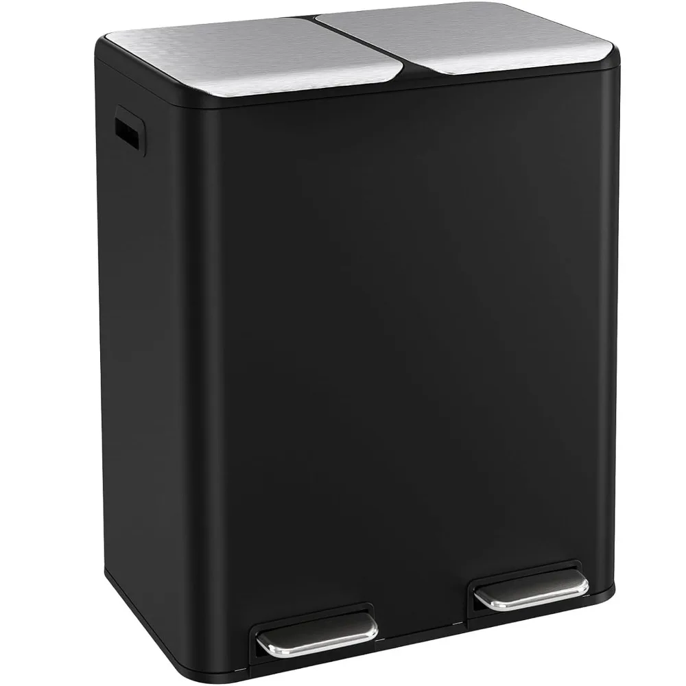 16 Gal (2 x 30 L) Dual Trash Can, Stainless Steel Kitchen Garbage Bin, Recycle Dustbin with Odor Control Box, Soft-Close Lid