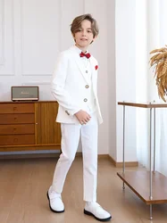 Boys White 5Pieces/Set Jacket Vest Pants Bowtie+Pocket Cloth Wedding Suit Children Birthday Party Dress Kids Performance Costume