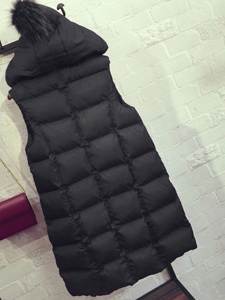 Autumn Winter Women Long Parkas Vest Warm Black Zipper Hooded Down Coat Parka Ladies Sleeveless Waistcoat Jacket Outwear