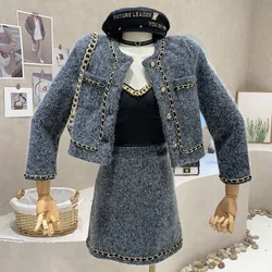 High Quality Winter Small Fragrance Mink Two Piece Set Women Chain Short Jacket Coat + Mini Skirt Suits OL Elegant 2 Piece Set