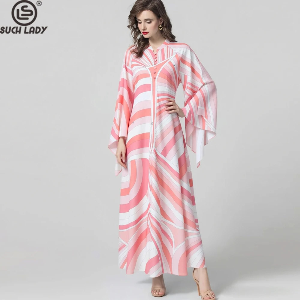 

Women's Dress Stand Collar Batwing Sleeves Printed Buttons Detailing Fashion Long Robes Outerwear