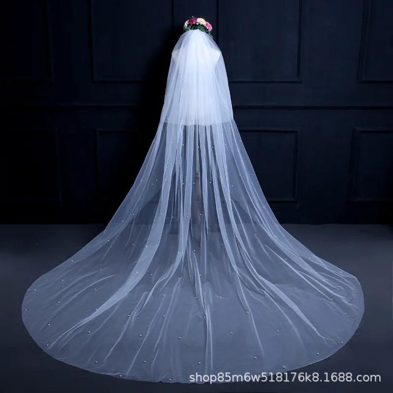 Pearls Wedding Veils with Comb 100% Handmade Beaded Wedding Accessories 3M Cathedral Wedding Veil Luxury Elegant