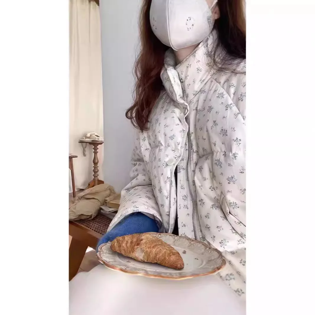 Impressão feminina parkas manga longa gola parka zíper casacos outerwear básico 2025 inverno bolsos casuais solto emendado