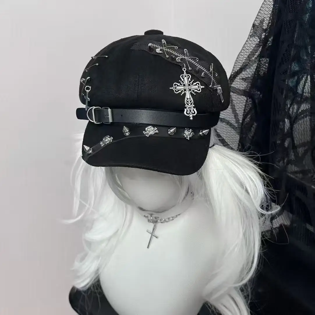 Punk Gothic Newsboy Octagonal Hat Spike Rivet Cross Ornament Safety Pin Belt Buckle Detail Alt Street Fashion Beret Cap
