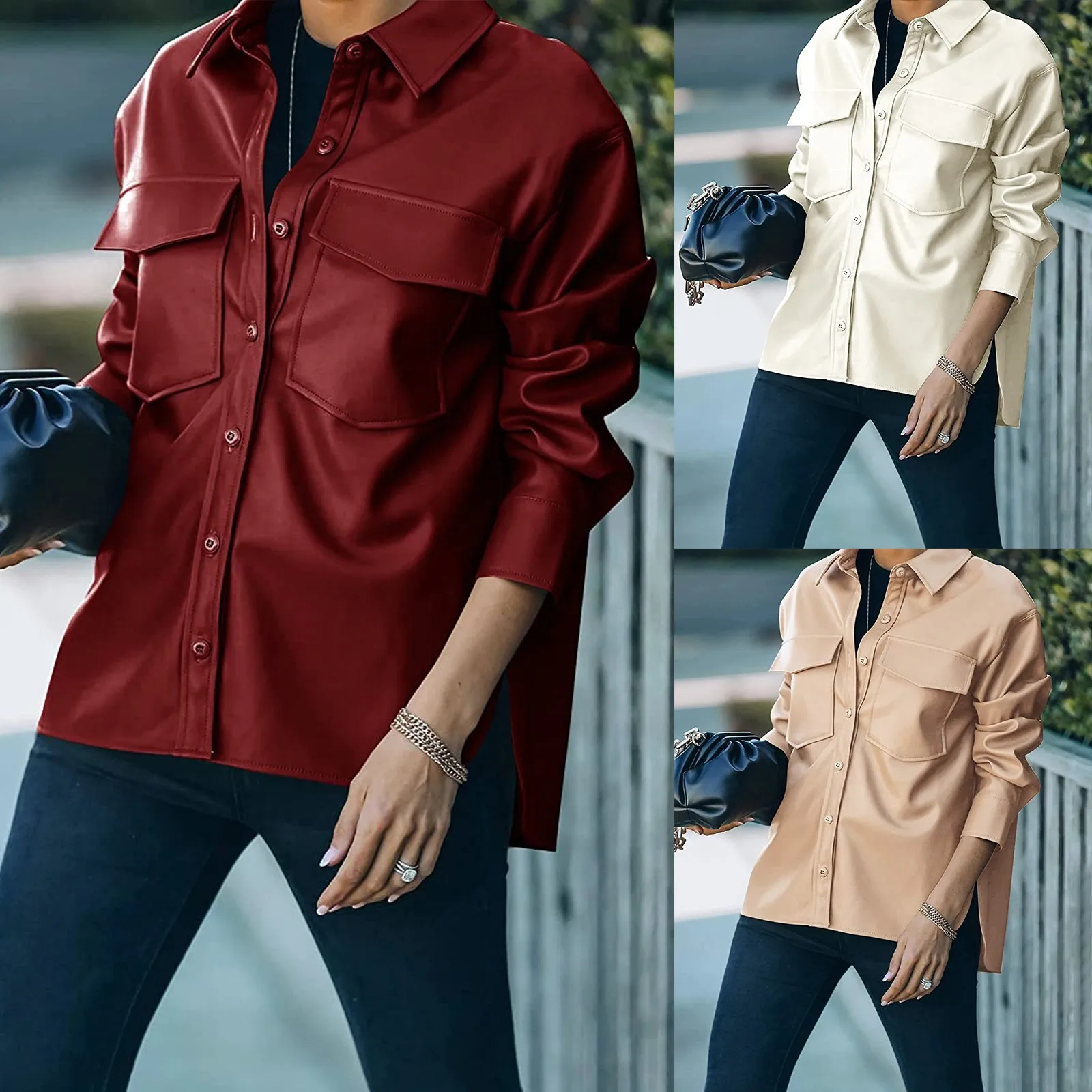 Autumn and Winter New Ladies with Breast Pocket Buttons Casual Short Long-Sleeved Suit Jacket Artificial PU Leather Jacket