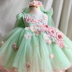 Luxury Handmade Butterfly Violin Ball Celebration Dress 2024 Girl's Birthday Party Evening Dress Princess Tulle Short Skirt