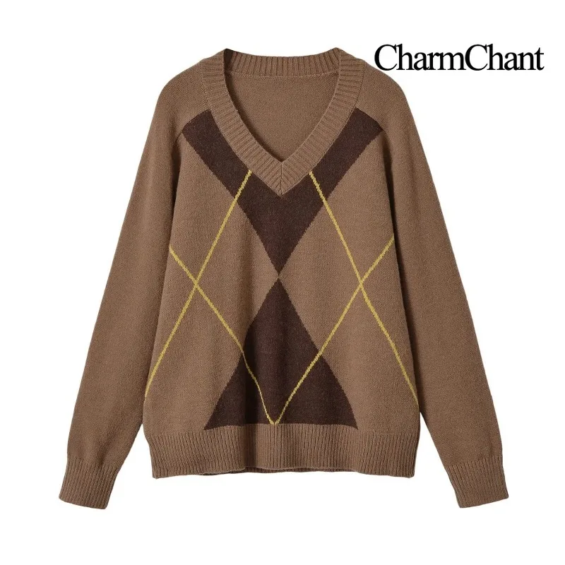 CHARMCHANT Women Vintage Argyle V-Neck Sweater Brown Pullover Autumn Winter Casual Knitwear Long Sleeve Top