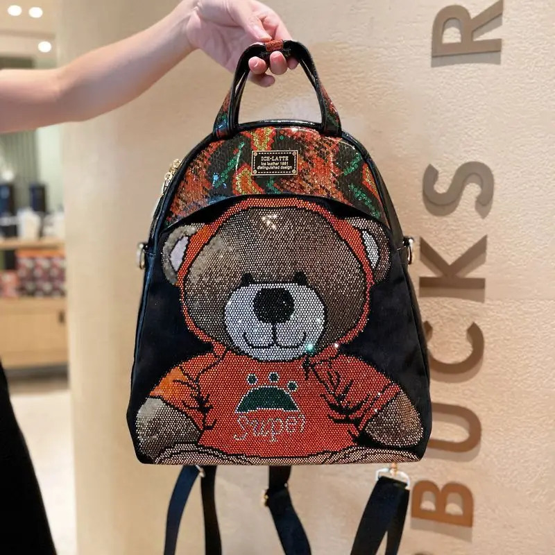 Mochila De Cuero Real con estampado de oso para mujer, bolsos escolares de diseñador de lujo, mochila de gran capacidad Ita