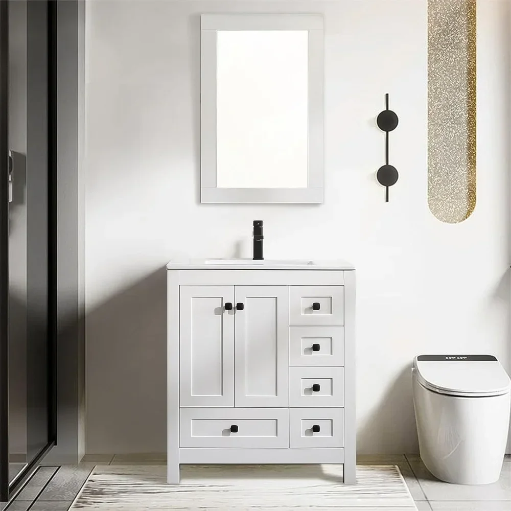 

30" Bathroom Vanities Cabinet with Sink Combo Set, Undermount Ceramic Sink w/Thickened Wood, Matte Black Faucet