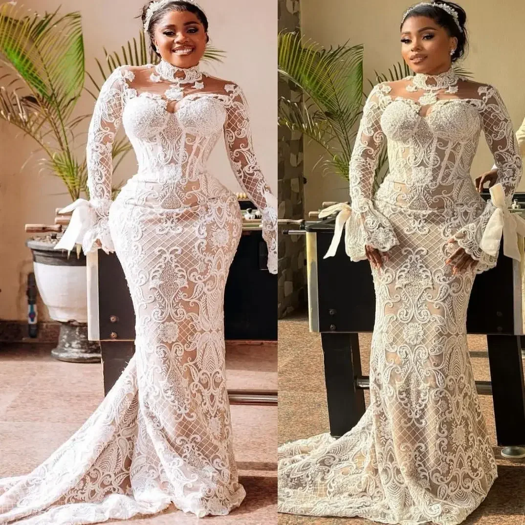 

Индивидуальные арабские свадебные платья Aso Ebi больших размеров цвета слоновой кости, фасона «русалка» с иллюзией прозрачности, с цветочным кружевом, длинными рукавами, винтажные, очаровательные.
