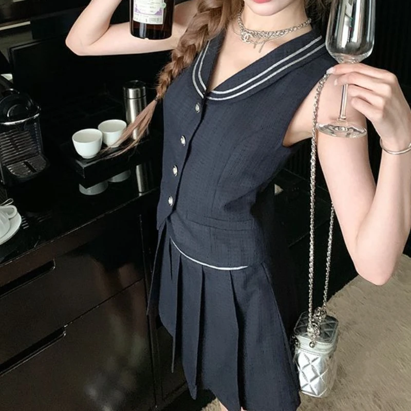 Summer New Navy Collar Girl High-end Outfit Sweet Slimming Sleeveless Skirt Two-piece Set