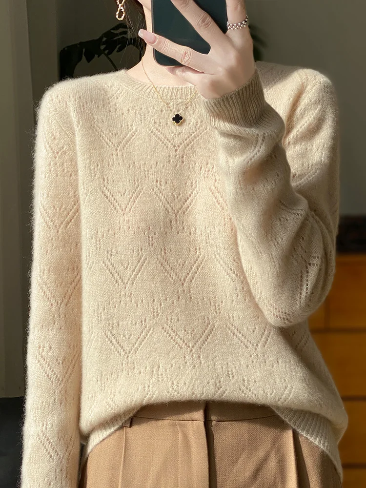 ADDONEE Women O-neck Pullover Sweater Hollow Out Long Sleeve Jumper 100% Merino Wool Knitwear Basic Casual Clothes Autumn Winter