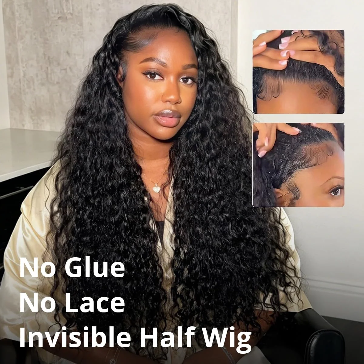 Curly Half Wig Human Hair Flip Over Wear Go Wig 250% Density 3 in 1 Half Wigs Water Wave Invisible Hairline Beginner Friendly