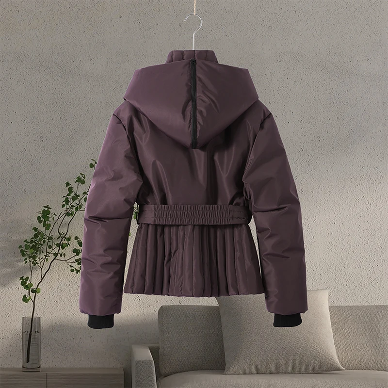 Hooded Skiing Coats Women Solid Stand Collar Belts Pleated Zippers Full Sleeve Thicken Cotton Jacket 2026 Winter Lady Outwears