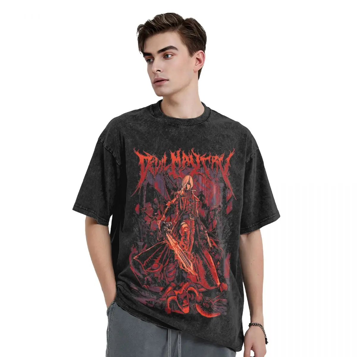 Washed T Shirt Devil May Cry Video Games Hip Hop Retro T-Shirts Street Streetwear Cotton Summer Tops Tops Tees for Men Women