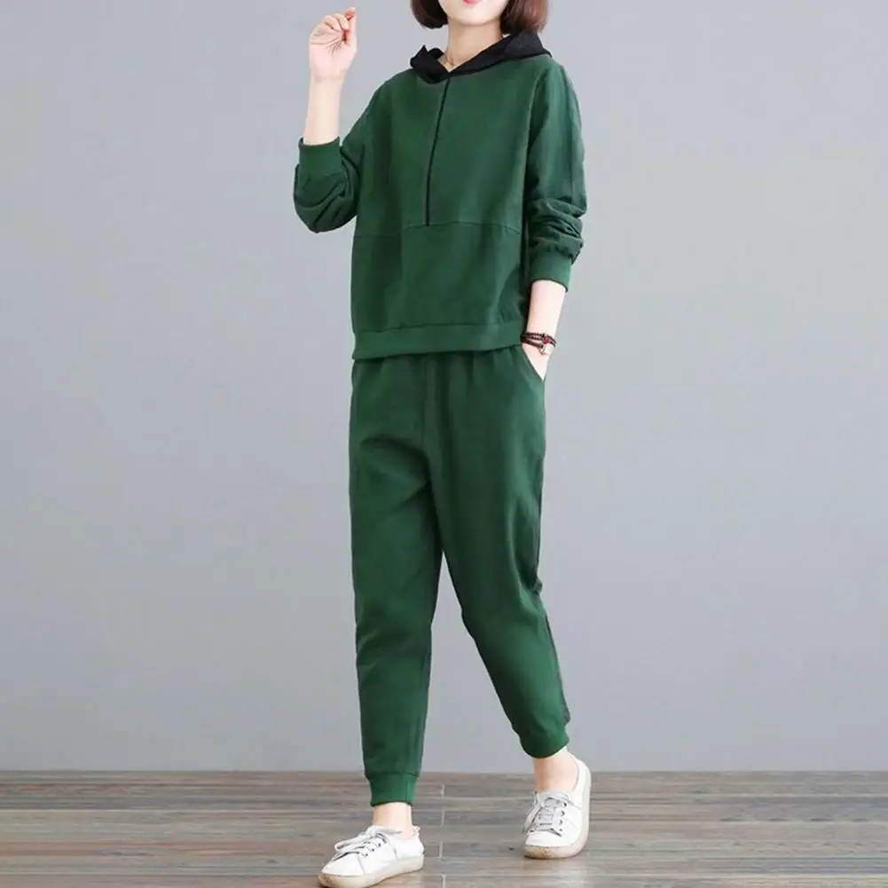 2 Pcs/Set Hoodie Pants Suit Hooded Loose Thick Elastic Waist Warm Lady Top Trousers Set Fall Winter Tracksuit Set