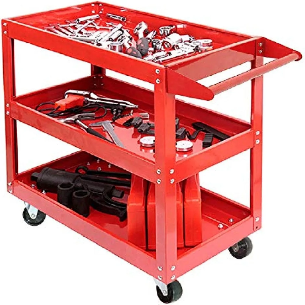 Upgraded 3 Tier Tool Trolley Storage Cart Heavy Duty Garage Trolley Workshop Red