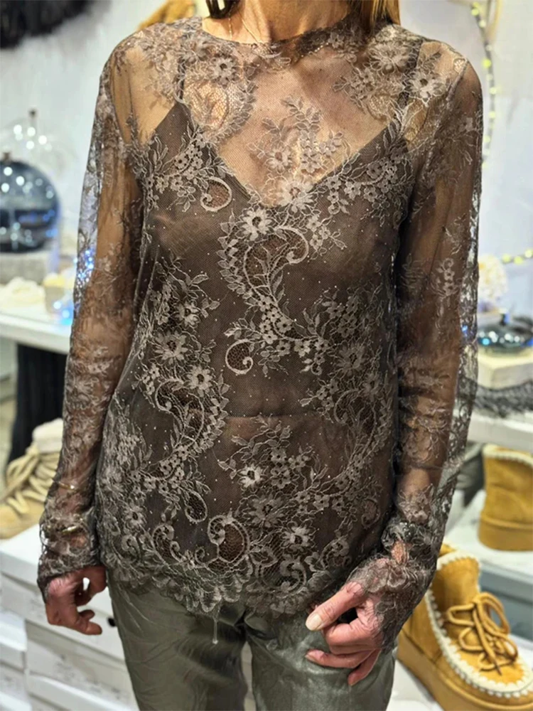 Women's Lace Sheer Long Sleeve Blouse - Loose O-Neck Pullover Top
