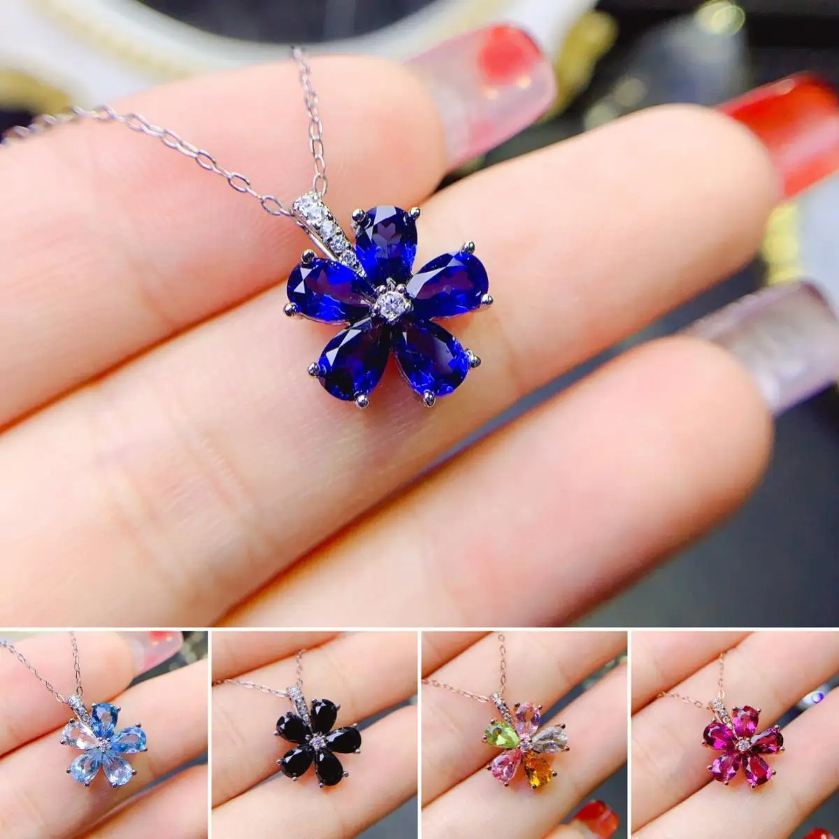 

FS Natural 4*6 Sapphire/Topaz/Garnet S925 Pure Silver Lucky Clover Pendant Necklace for Women Fine Charm Weddings MeiBaPJ