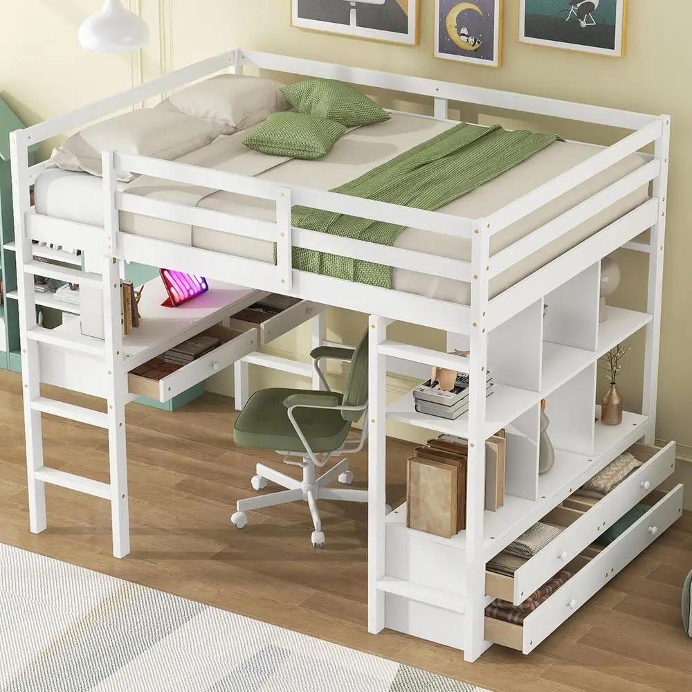 

White Full Loft Bed with Desk and Storage, Wood Full-Size Loft Beds with Bookcase and Shelves, Suitable for Kids, Teens, Adults,