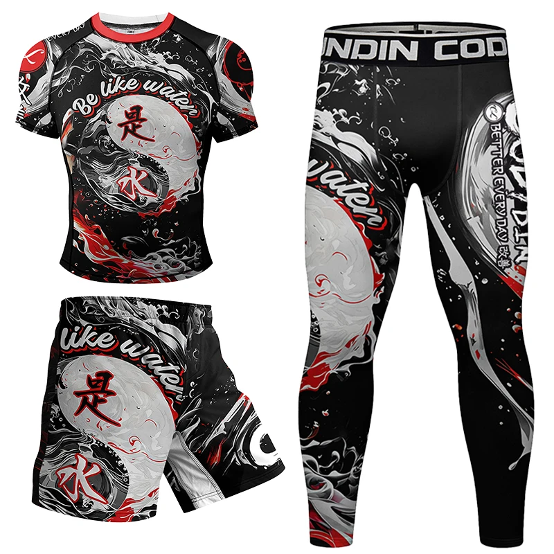 Men Compression Tight Boxing Jerseys Rash Guard Clothing MMA Shorts Grappling Leggings +Bjj Rashguard With Rubber Sportsuits