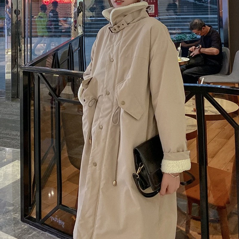 2026 New Women Long Trench Parka Fleece Lined Thick Warm Mid Length Over Knee Loose Casual Winter Windproof Cotton Coat