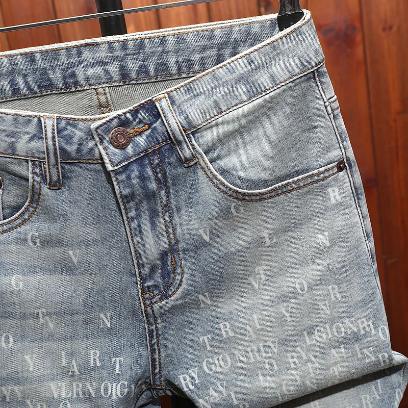 High end printed denim shorts for men in summer, thin, trendy, fashionable, casual, versatile, brand five quarter pants