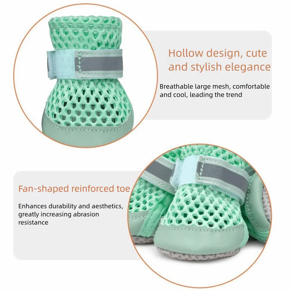 

4Pcs Casual Breathable Mesh Dog Shoes Soft Sole Reflective Pet Dog Sandals Adjustable Anti Slip Net Foot Covers Outdoor