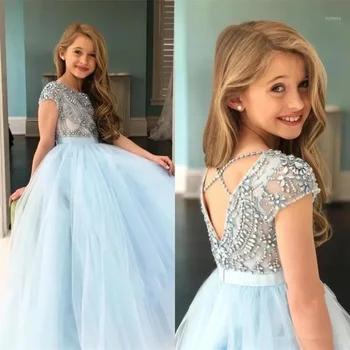 Robe de demoiselle d'honneur perlée pour mariage, bleu ciel clair, dos nu, tulle, princesse, fête d'anniversaire pour enfants, robe de Rh, première communion