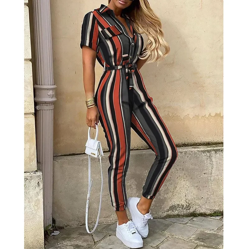 Women\'s Monochromatic Belt Workwear Jumpsuit, Casual Pants, Flip Collar, Buckle, European and American, Summer, 2024