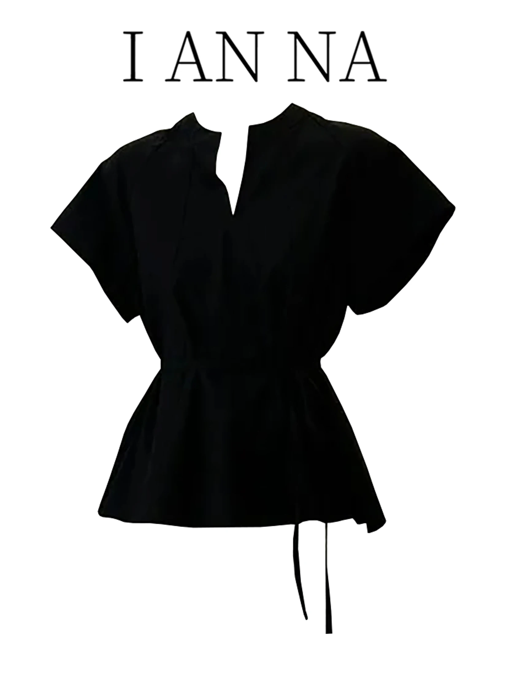 

Black Casual V-Neck Short Sleeve Shirt Women's Summer New Waist-Cinching Belted Slimming Top Korean Style Commute Wind