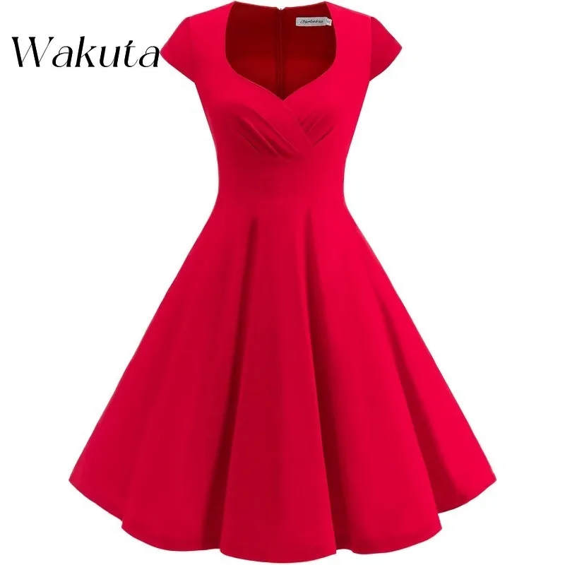 Wakuta Classic V Neck Wrap Shoulder Satin Women's Short Robe Vintage Cocktail Swing Evening Dress Teen Homecoming Ball Gown