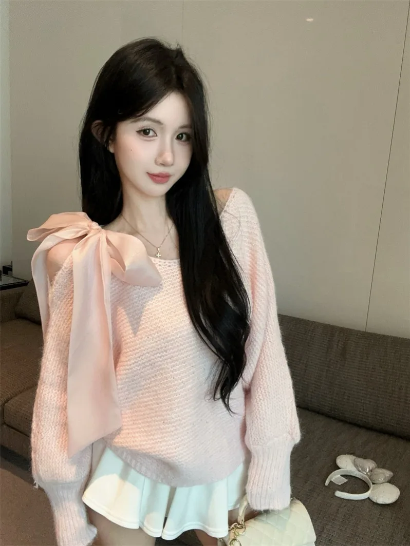 

Розовый свитер с узлом, женский осенне-зимний свитер с волнистыми волосами, корейский вязаный свитер Aosphere Sweet Sle Bat Wing pe