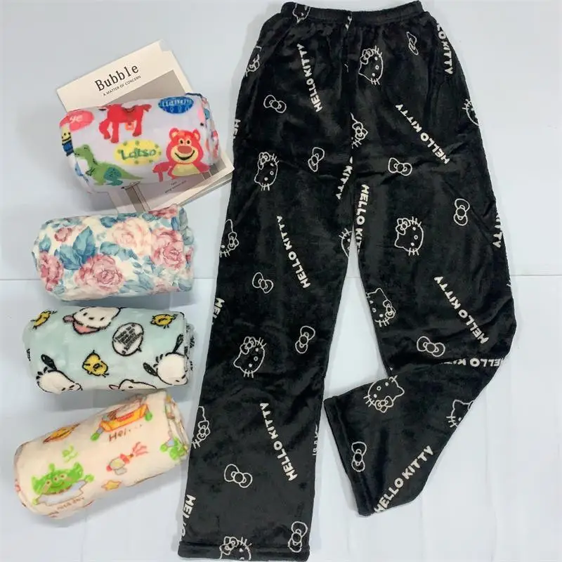 Pantalones informales mullidos de felpa para dormir para mujer, ropa de dormir, pantalones gruesos y cálidos, Hello Kitty, Pochacco