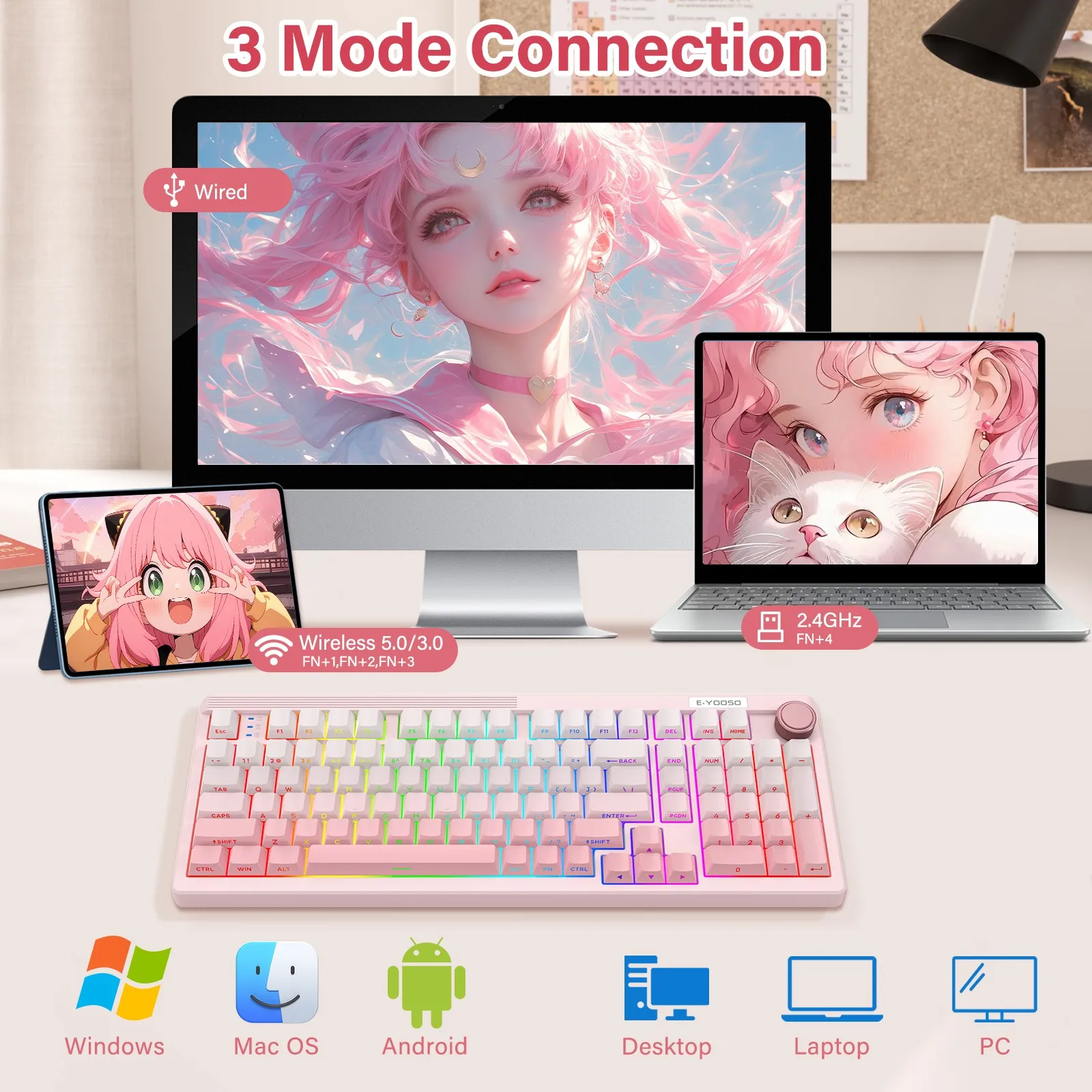 E-YOOSO 98-Key Wired Tri-mode Gaming Mechanical Keyboard  4000mAh Battery RGB Backlight Multi-Function Knob for PC/Mac