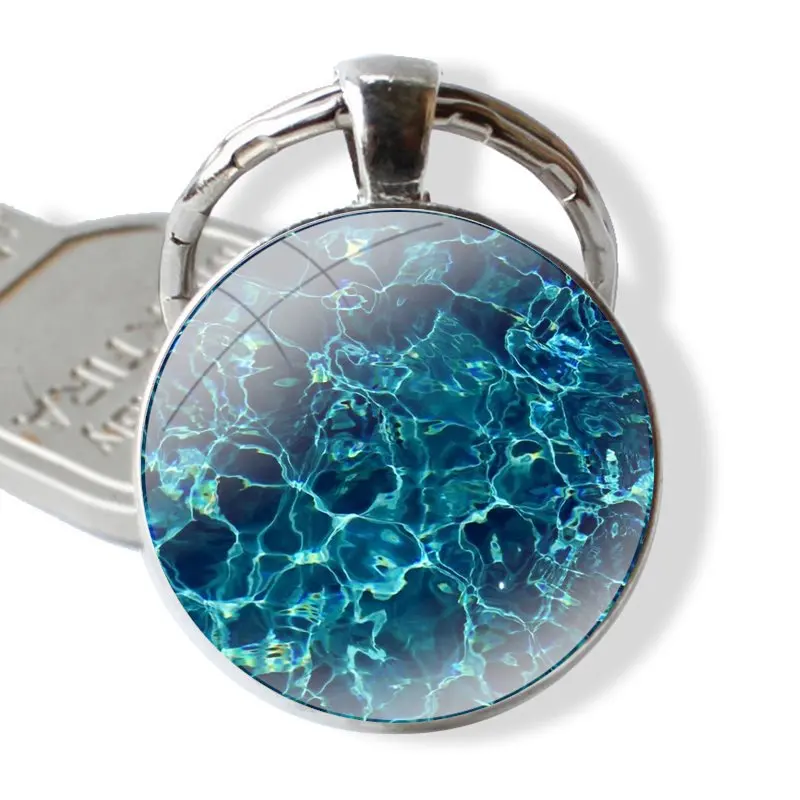 waves ocean water light refraction Keychain Handmade Glass Cabochon Key Ring Holder Pendant Key Chains Fashion Decor Design Cute