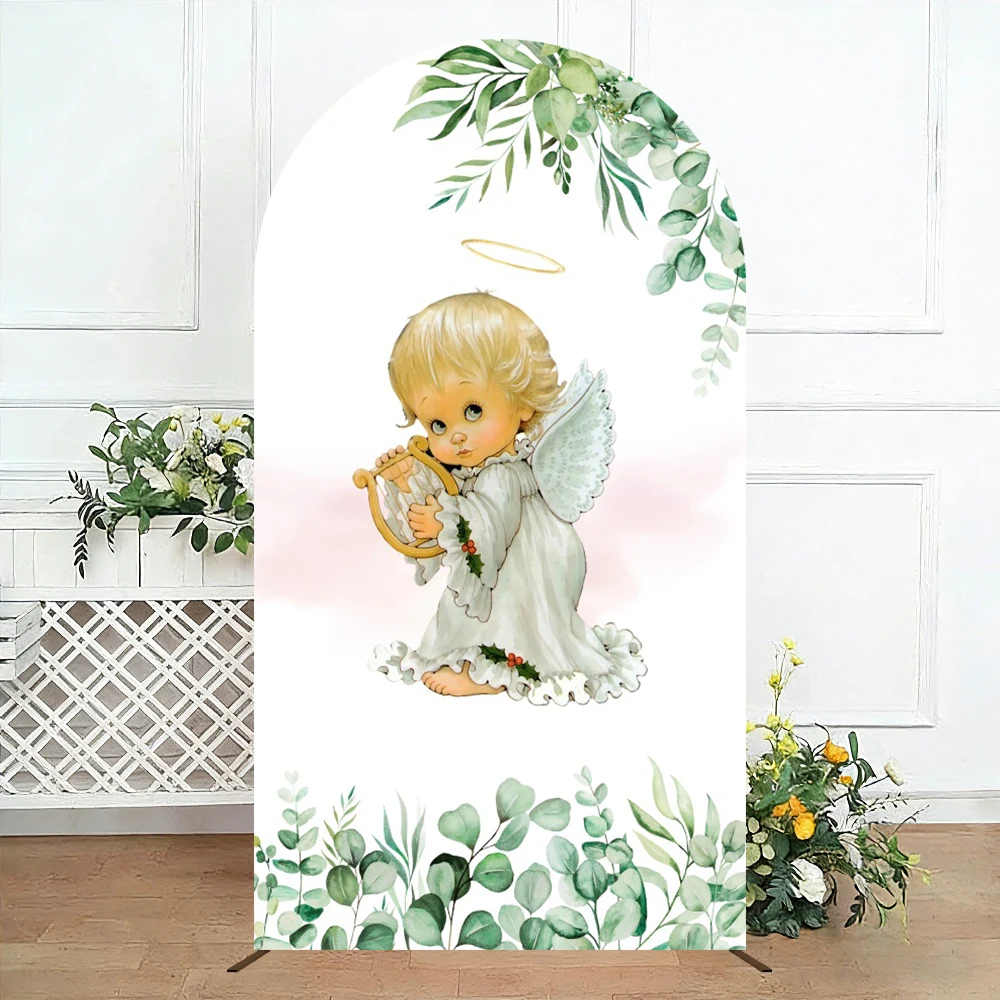 First Holy Communion Arch Cover Backdrop God Bless Dove Cross Green Leaf Baby Batism Christening Party Arch Cover Background