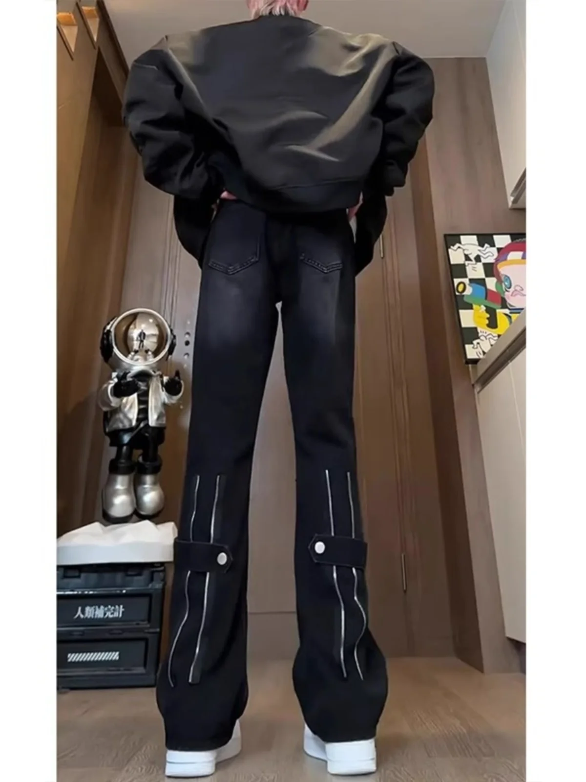 

Retro American Denim Jeans Men's Spring Autumn High Street Design Loose Straight Leg Micro Flared Long Pants Leg Lengthening