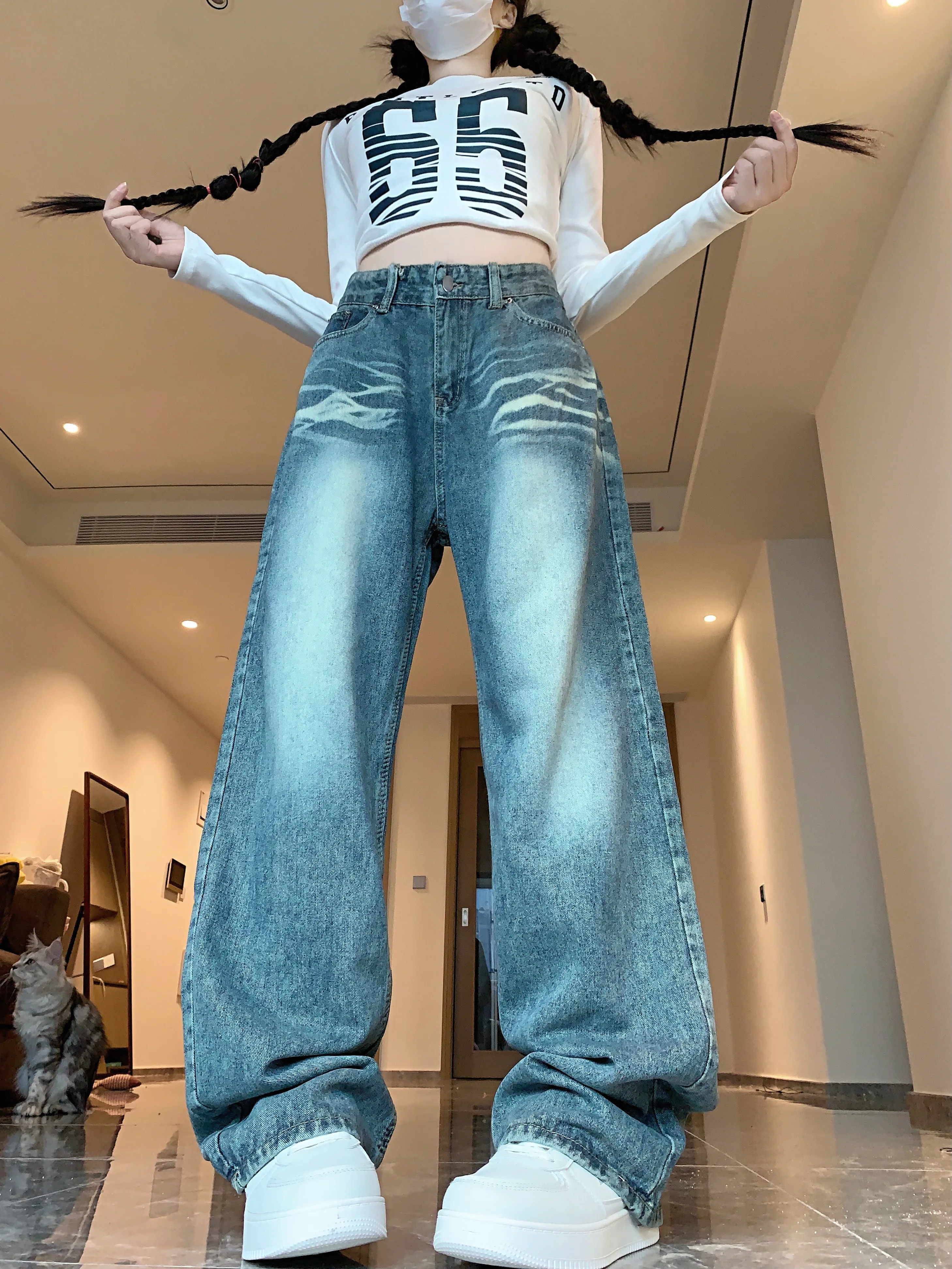 워싱 레트로 스트레이트 와이드 레그 진 신상 여성용 루즈핏 브러쉬드 스트레이트 팬츠