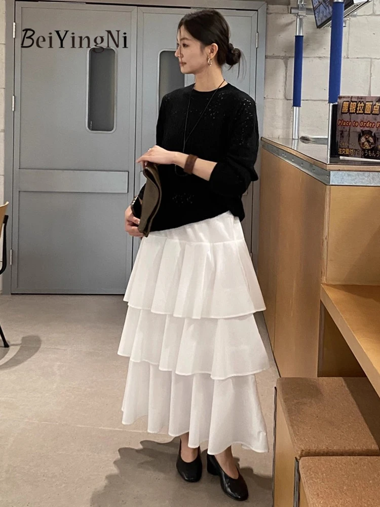 Beiyingni 2025 Nowa Koreańska Spódnica Damska w Jednolitym Kolorze Francuski Vintage Elegancka Długa Spódnica Tortowa Damska Codzienna Szykowna Spódnica w Kształcie Litery A Faldas
